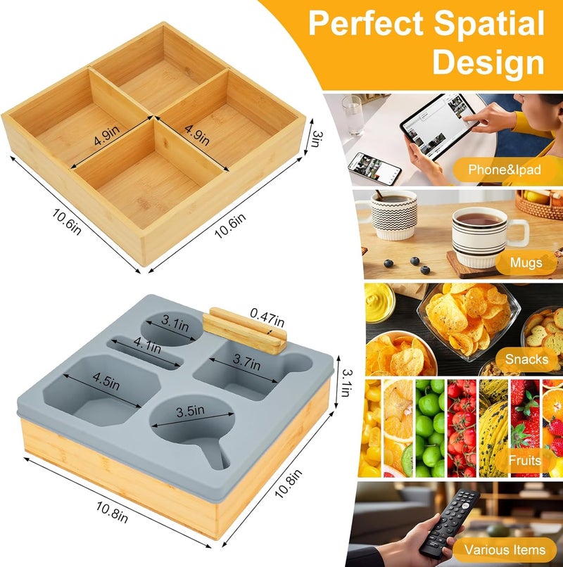 IUMLXJO 2 in 1 Couch Cup Holder Tray, Bamboo Silicone Couch Caddy Tray with Cup Holder & Phone Stand, Waterproof Anti-Spill Sofa Bed Organizer Box for Drinks, Snacks, Remote Mobile, Car Seat, RV - Image 3